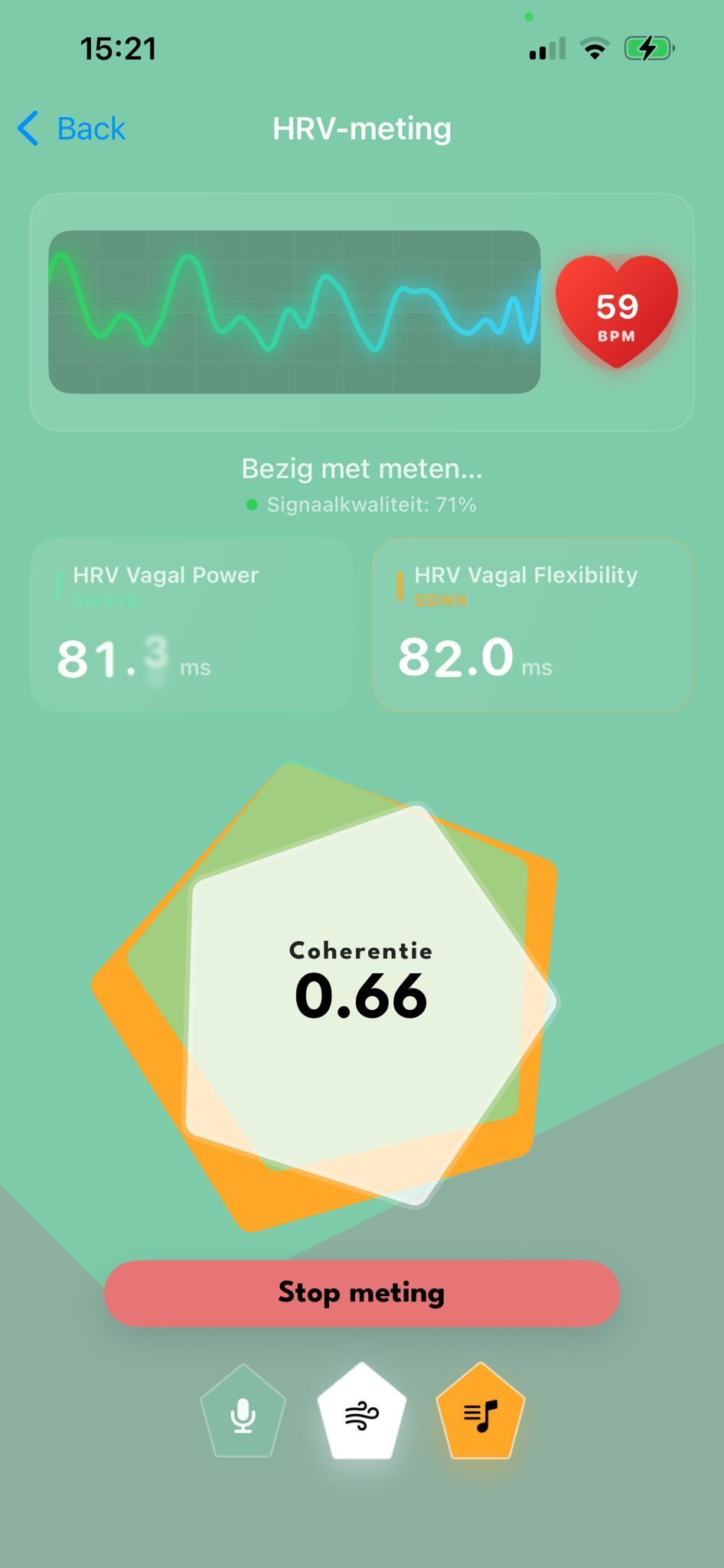 Live HRV meting met coherentie score en hartslagcurve