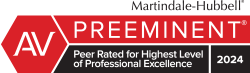 Martindale-Hubbell AV Preeminent 2024 badge with red, black, and white design; highest peer rating label