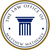 Circular logo for The Law Office of Matthew Mathey with blue columns and gold border