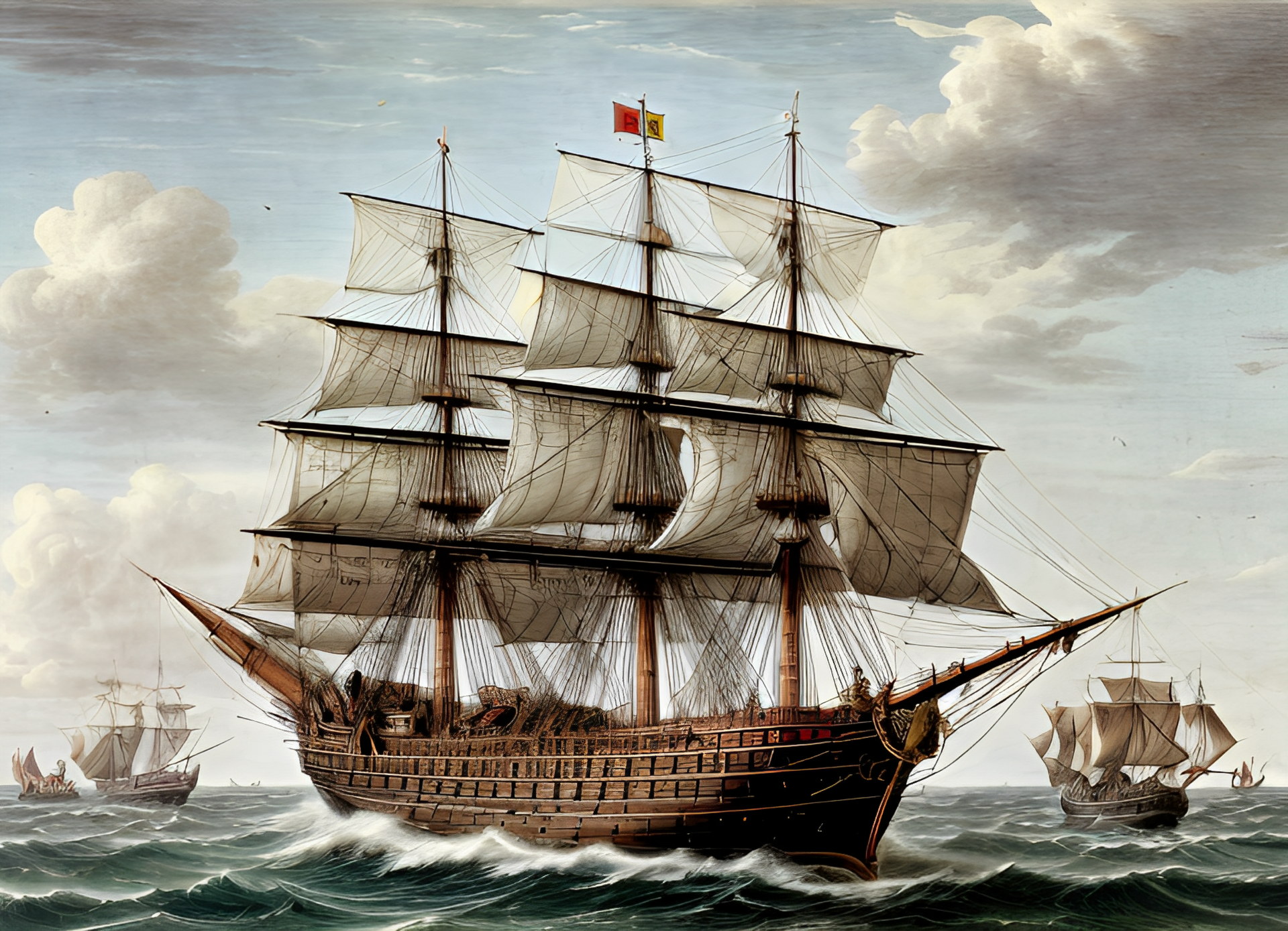 Navio à vela no oceano com as velas enfunadas, outros navios ao fundo