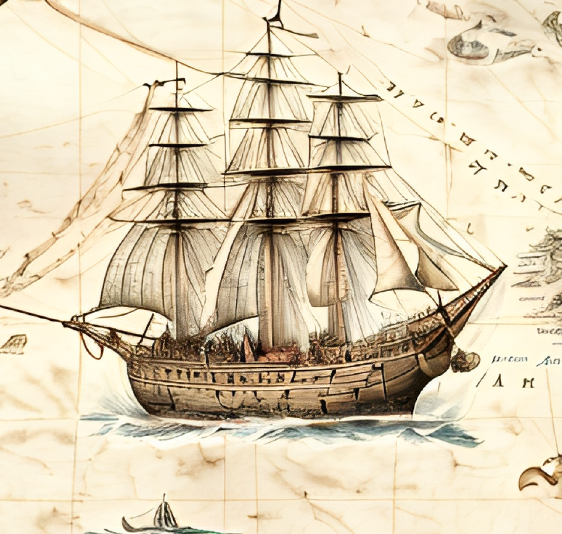 Navio à vela em mapa antigo detalhado. O navio tem três mastros e velas brancas.