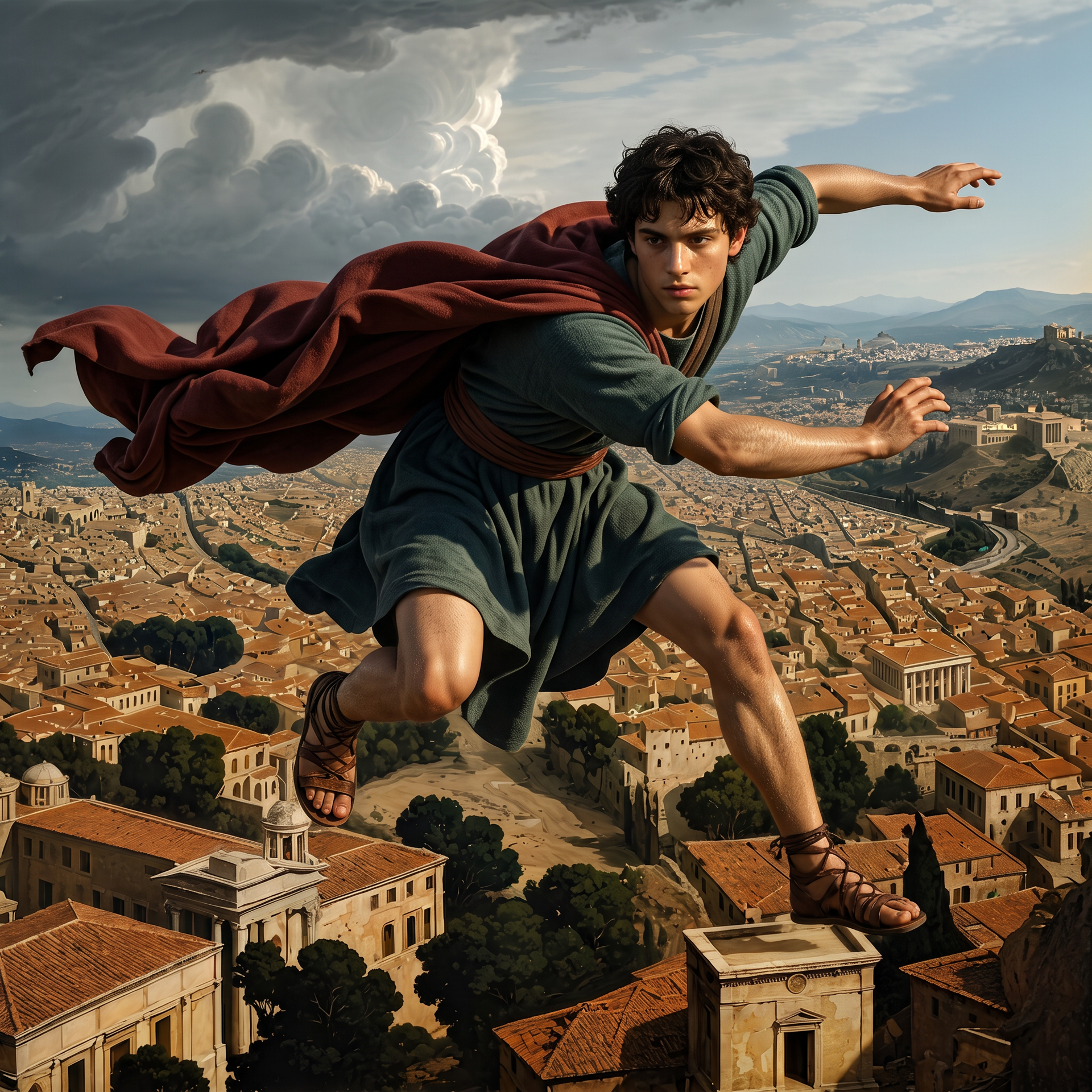 Jovem romano voando sobre a cidade de Atenas.