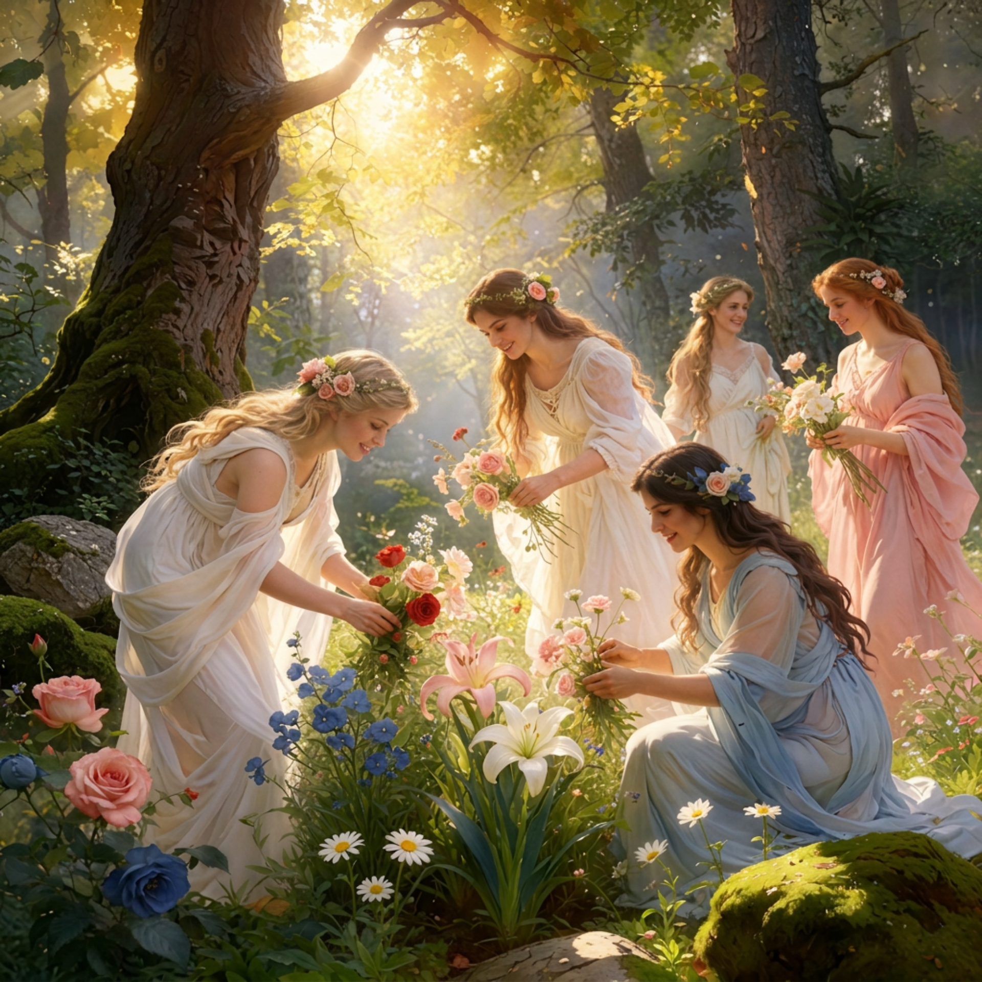 Ninfas no prado colhendo flores.