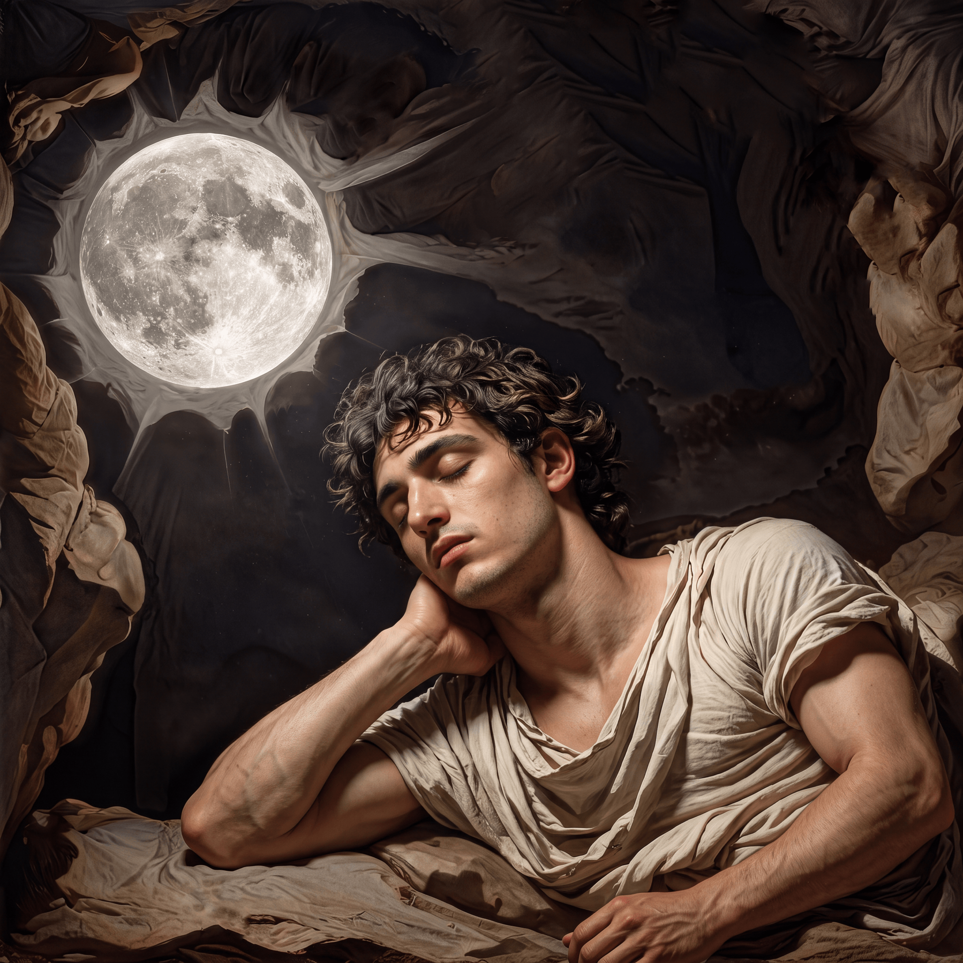Endymion adormecido, com a Lua ao fundo.