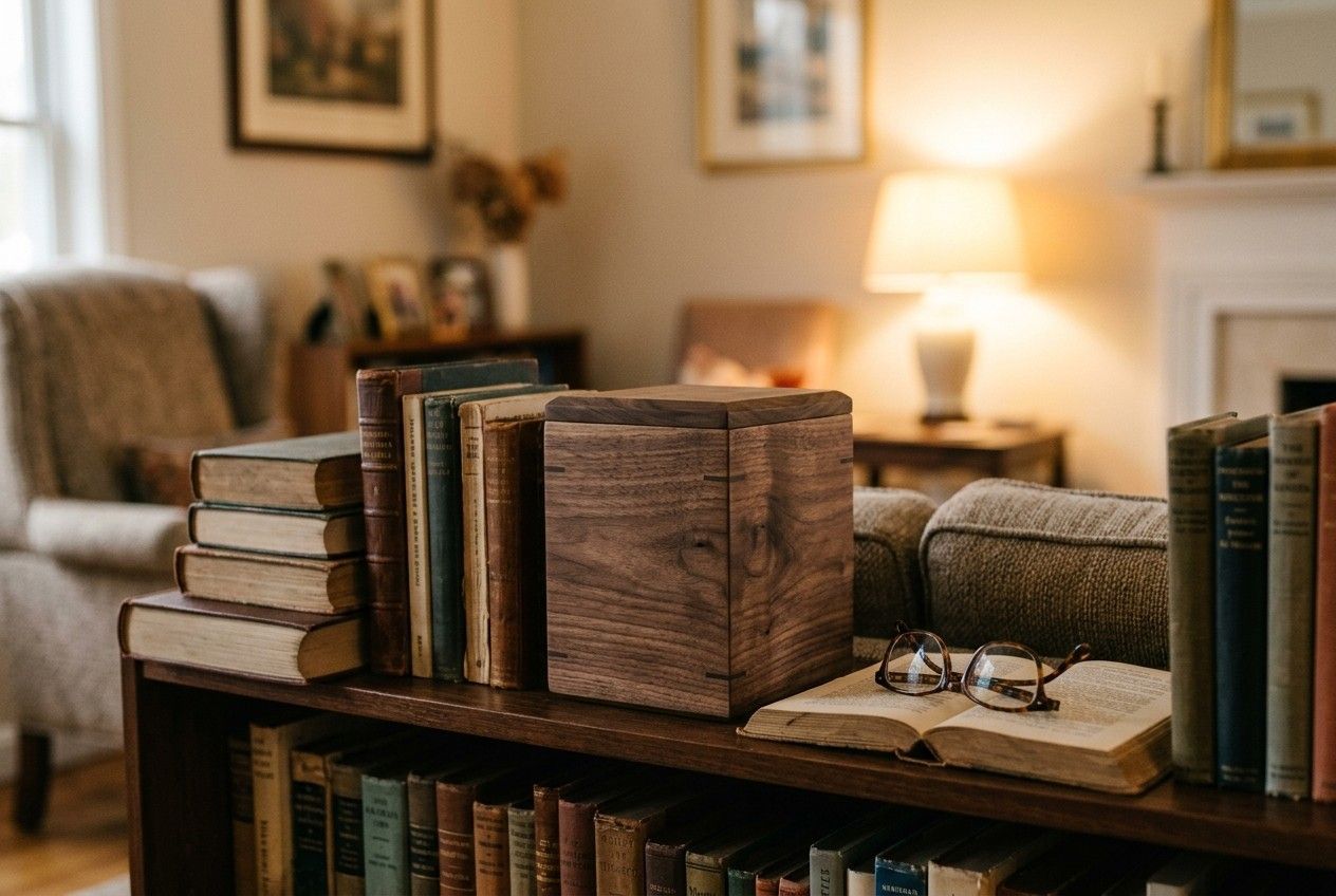 A dark wood cremation urn sits on a bookshelf beside stacked antique books, a pair of reading glasses and a mug, warmly lit by a lamp in a shadowy living room interior.