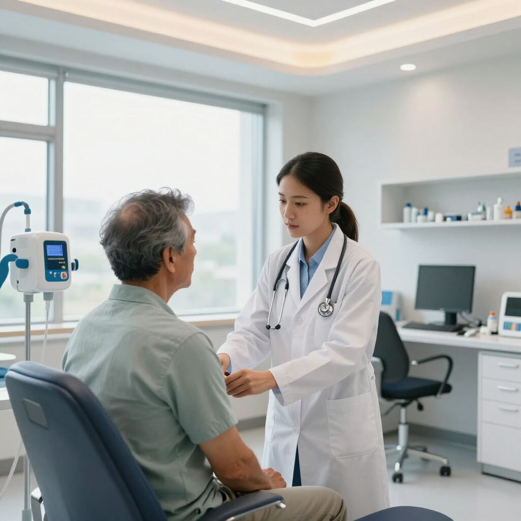 Doctor examining a seated patient in a bright clinic office