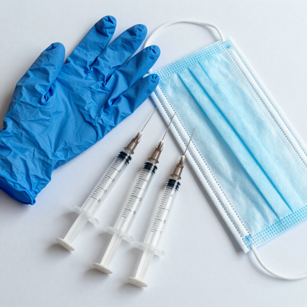 Blue glove, three syringes, and a light blue surgical mask on a white background