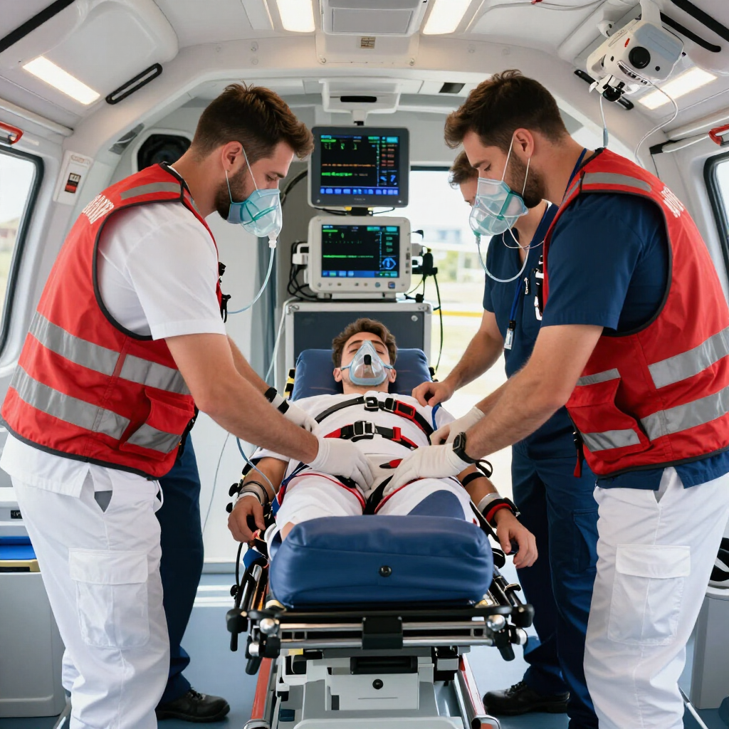 Paramedics in red vests monitor a patient in an ambulance, surrounded by medical equipment.