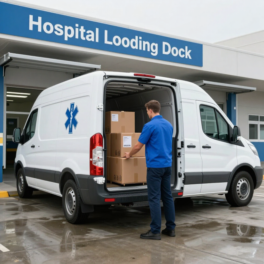 Delivery worker unloading boxes from a white van at a hospital loading dock