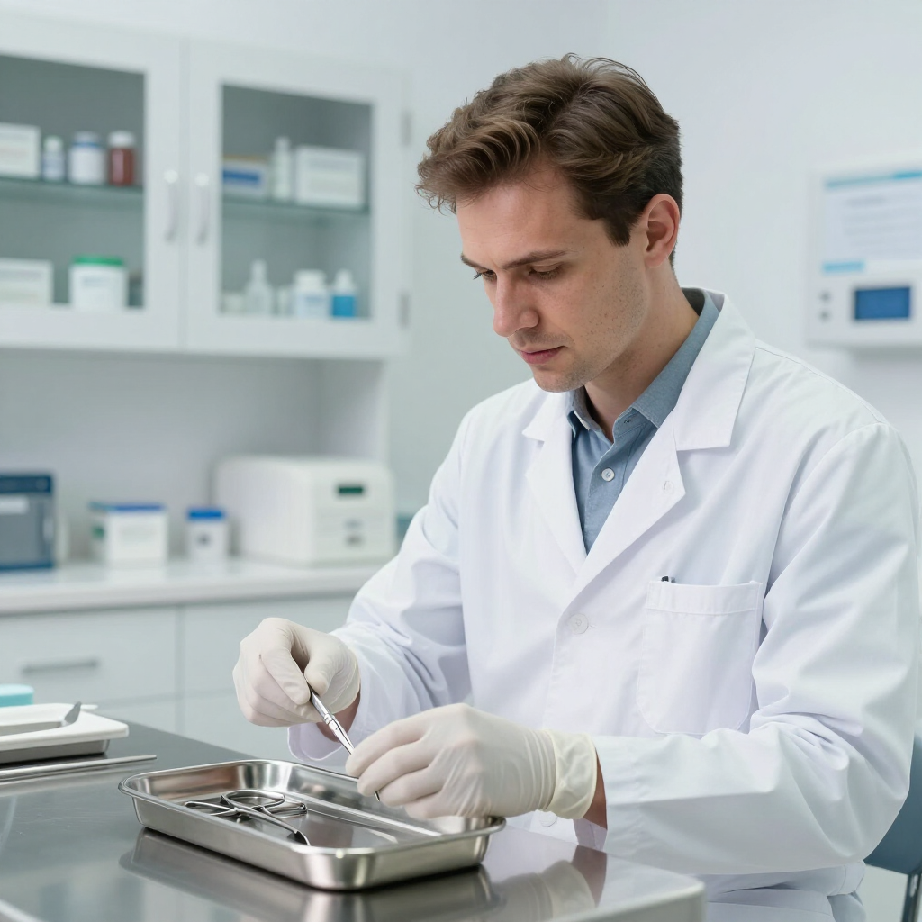 Lab technician in a white coat handles instruments on a tray in a clean laboratory.