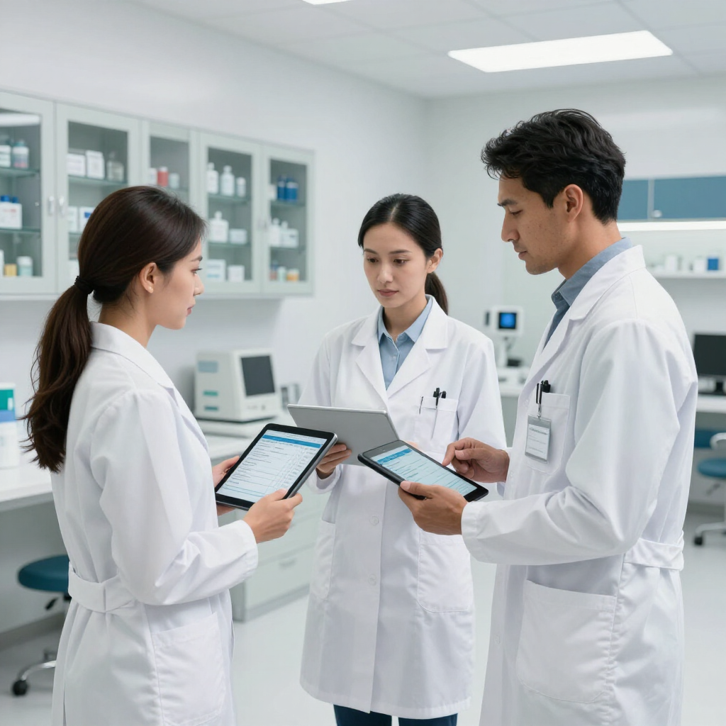 Three clinicians in white lab coats discussing results on tablets in a bright laboratory