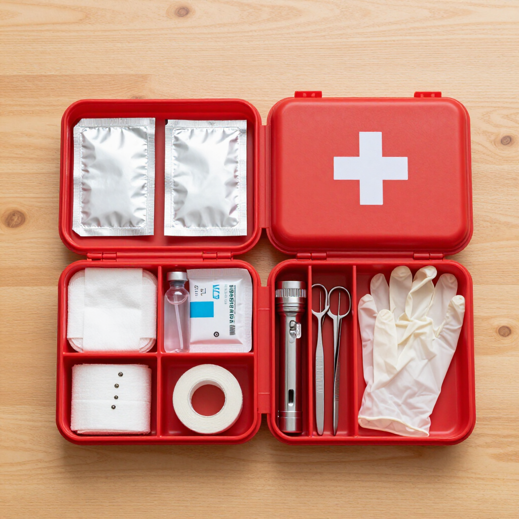 Open red first aid kit with bandages, tape, scissors, flashlight, gloves, and medical supplies on a wooden table