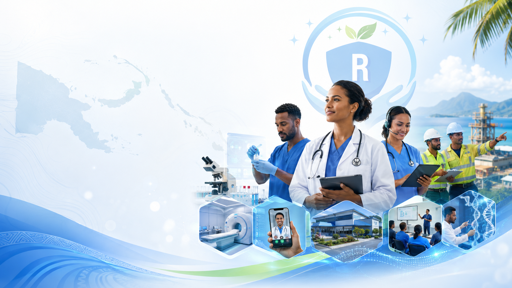 Healthcare workers in blue uniforms under an “R” shield, with text about integrated health care solutions.
