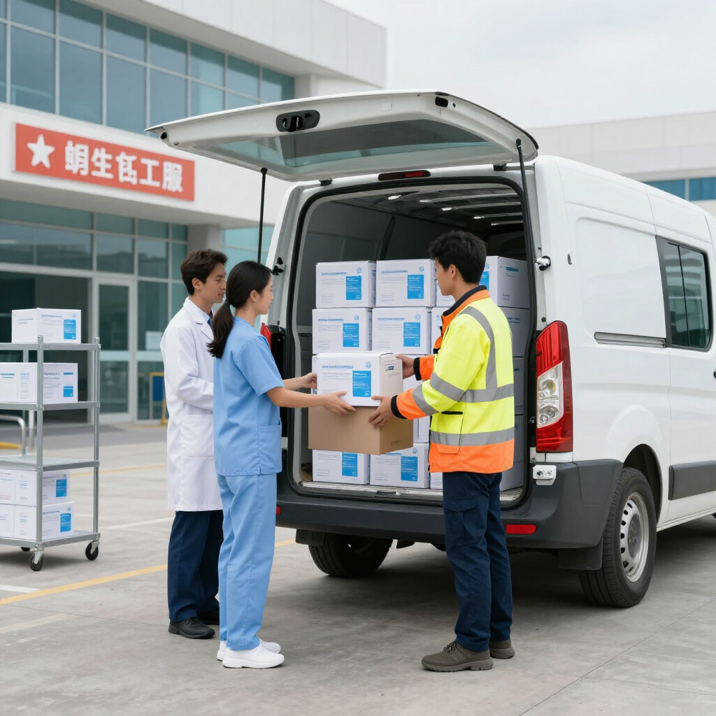 Workers loading boxes into a white delivery van outside a Chinese logistics building.