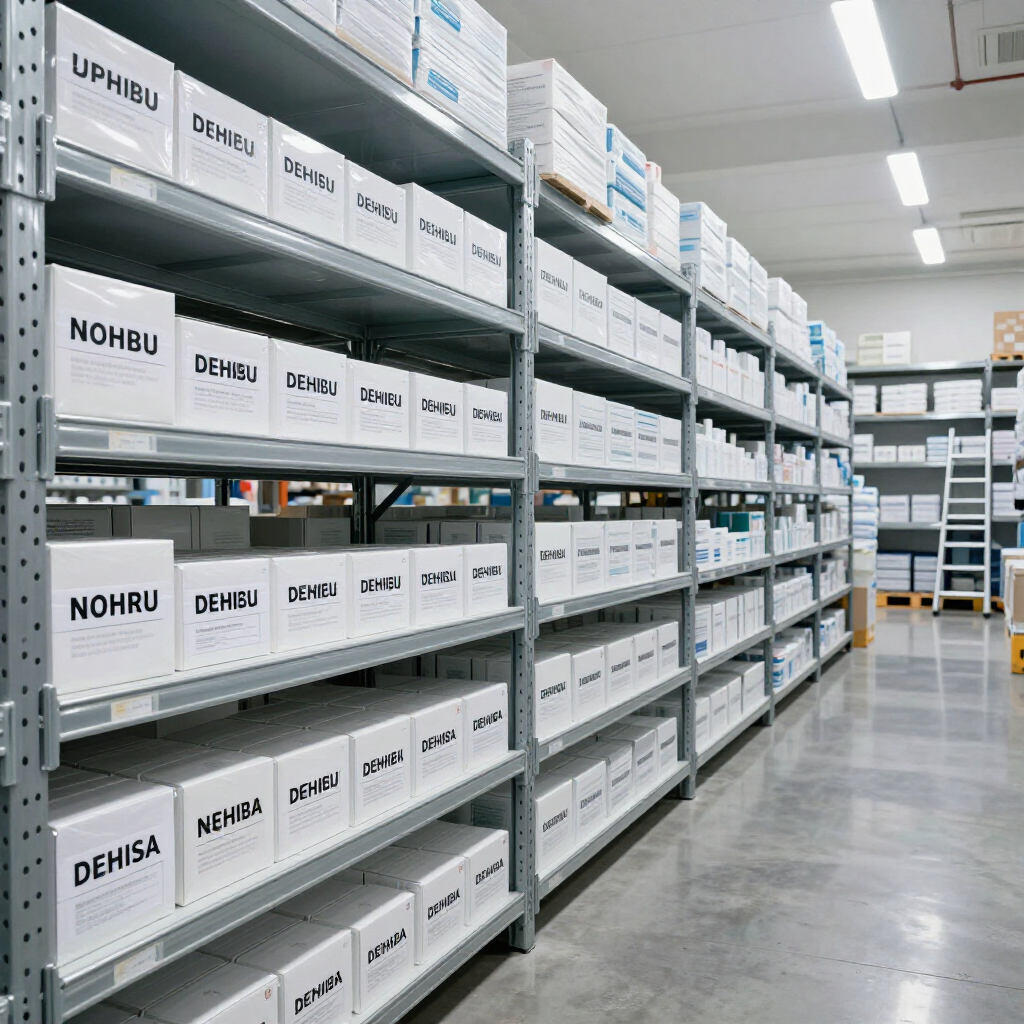 Aisle of neatly labeled storage shelves in a warehouse, with white boxes and metal racks under bright lights