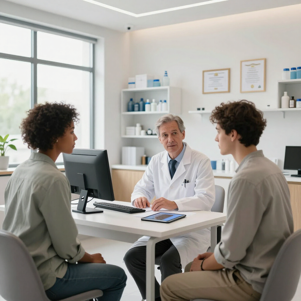 Doctor consulting with two patients in a bright clinic office