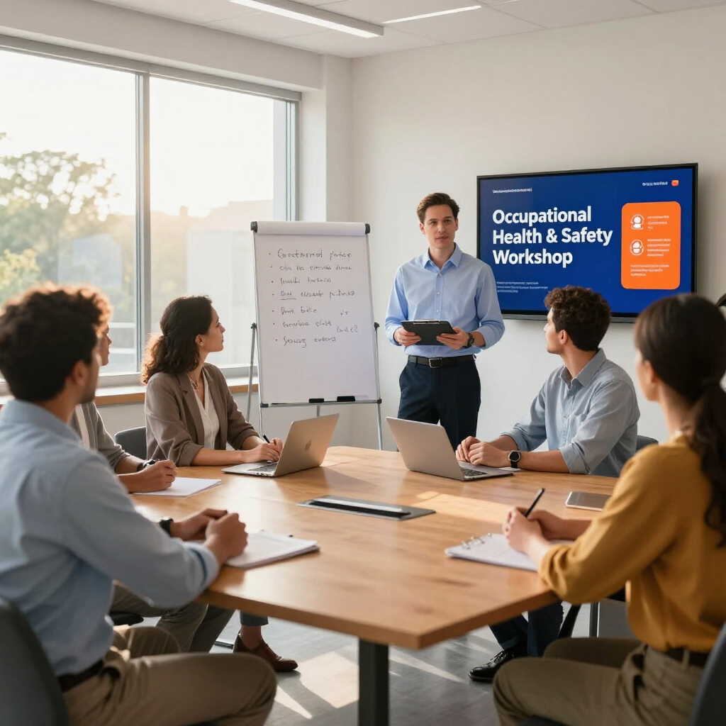 Office workshop with a presenter beside a whiteboard, seated attendees, and a screen reading “Occupational Health & Safety Workshop”
