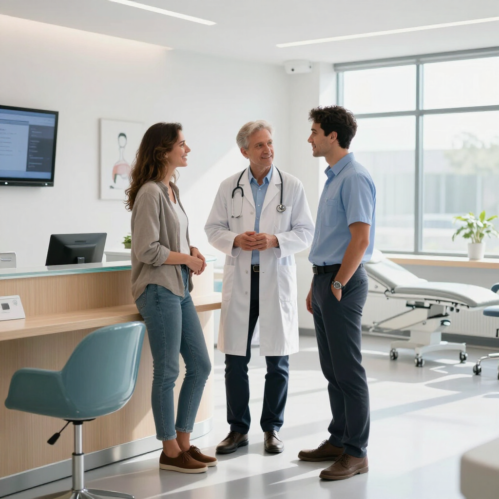 Doctor speaking with two patients in a bright medical office, one wearing a white coat and stethoscope