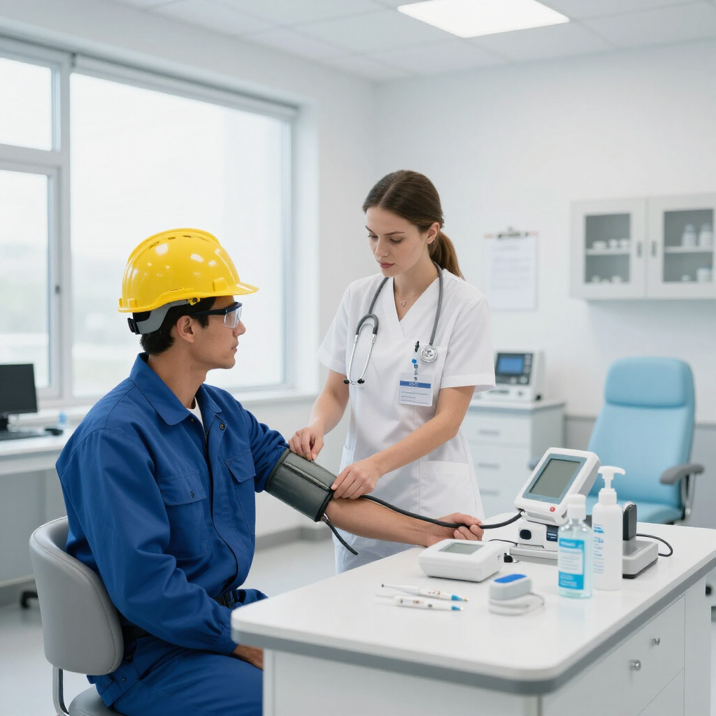 Nurse checks a construction worker’s blood pressure in a bright clinic exam room.