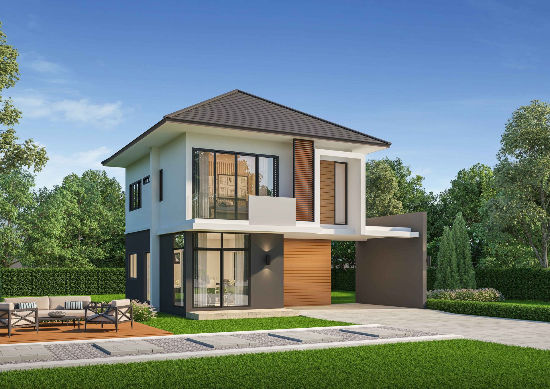 Modern two-story white house with large windows, wood accents, and a landscaped yard under a blue sky