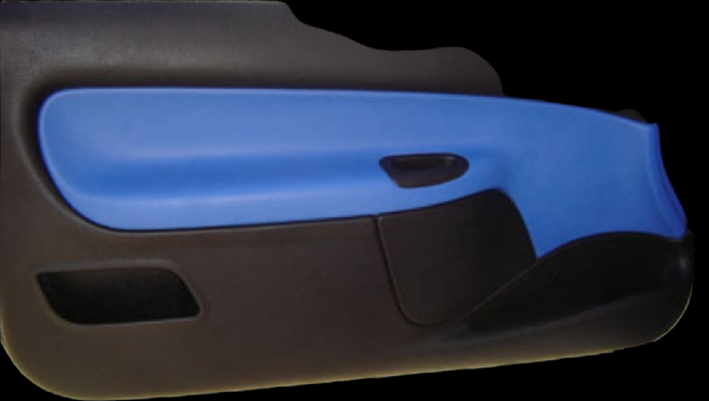 Black and blue car door panel. Black frame with blue upholstered section, integrated handle and pocket.