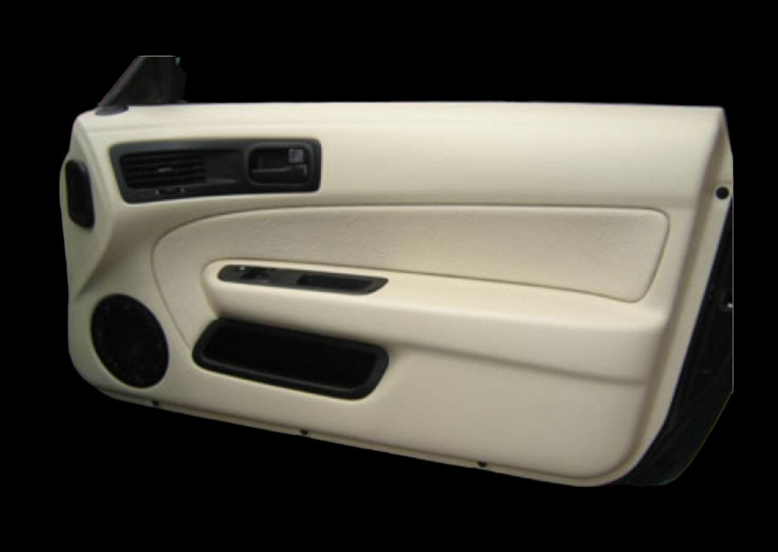 Cream-colored car door panel with black speaker, vents, and handle details against a black background.