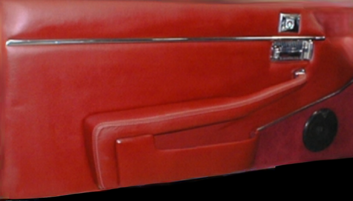Red car door panel with chrome trim, handle, and speaker.