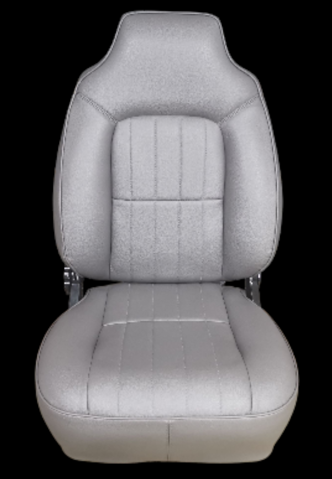 Gray car seat with a headrest and vertical stitching on the back and bottom cushion.