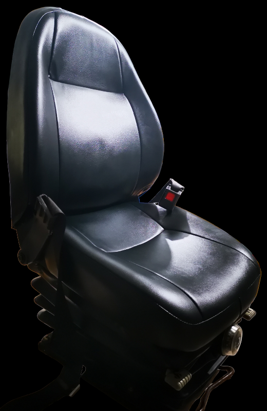 Black, leather vehicle seat with attached seatbelt, viewed against a dark background.