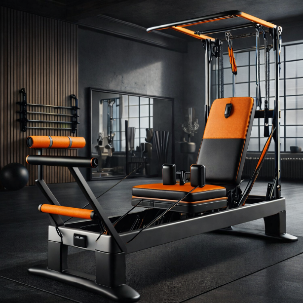 Orange and black Pilates reformer machine in a modern gym setting.