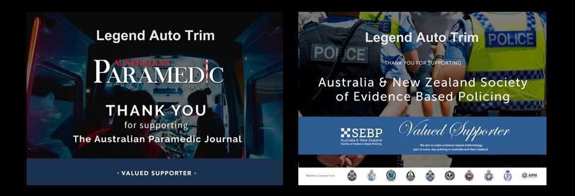 Two digital ads side by side: one for a paramedic, the other for police, both with text overlays.