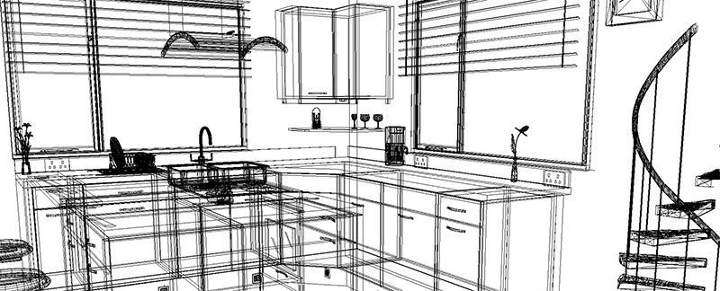 Black and white wireframe sketch of a modern kitchen interior, including cabinets, sink, and staircase.