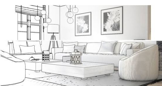 Living room design concept sketch with white sofa, chairs, art, and lighting.