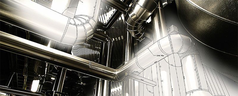 Industrial pipes and structures with technical drawings overlaid.