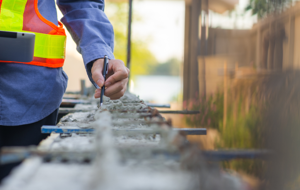 Construction worker in a safety vest inspects rebar with a pen on a construction site.