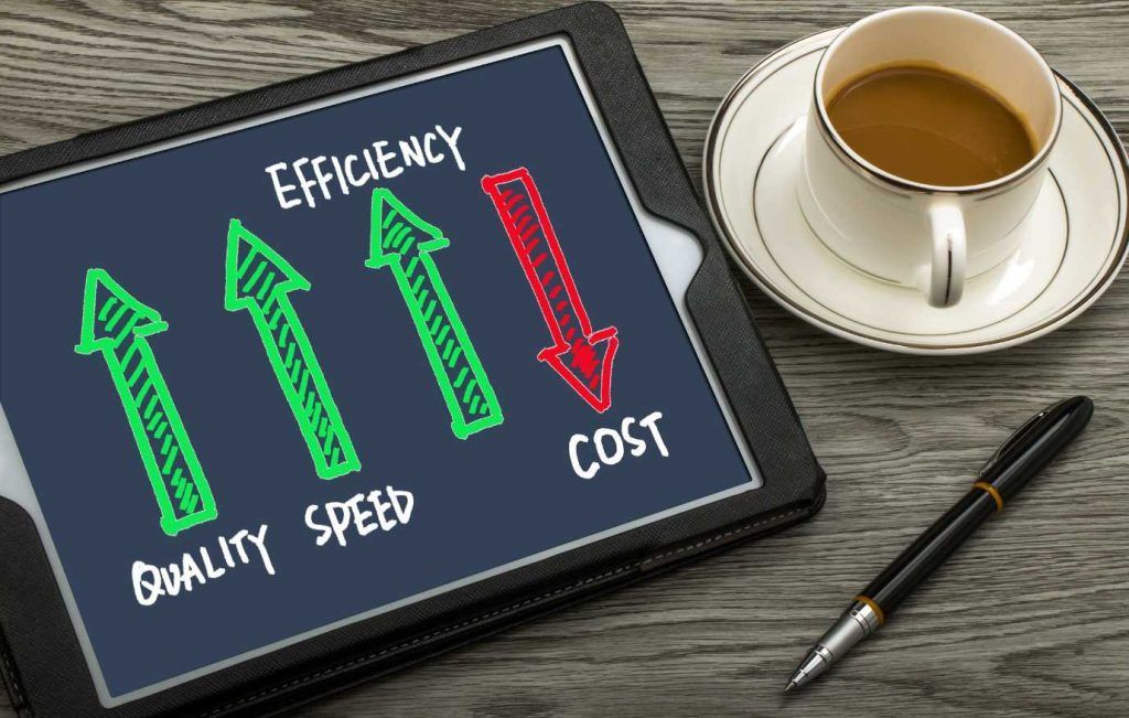 Tablet with arrows indicating increased quality, speed, efficiency, and decreased cost. Coffee cup and pen.