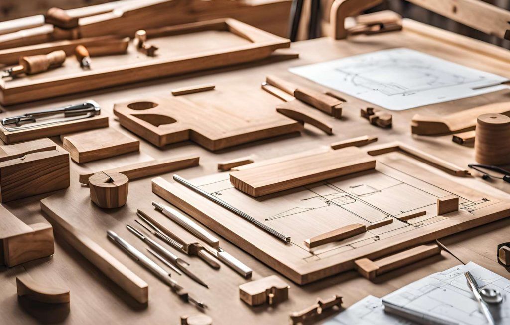 Wooden woodworking tools and projects on a light wood workbench, with a blueprint.