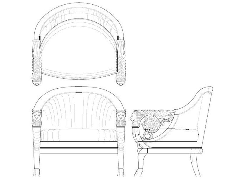 Blueprint of an ornate armchair, viewed from the front, top, and side, featuring carved armrests and a curved back.