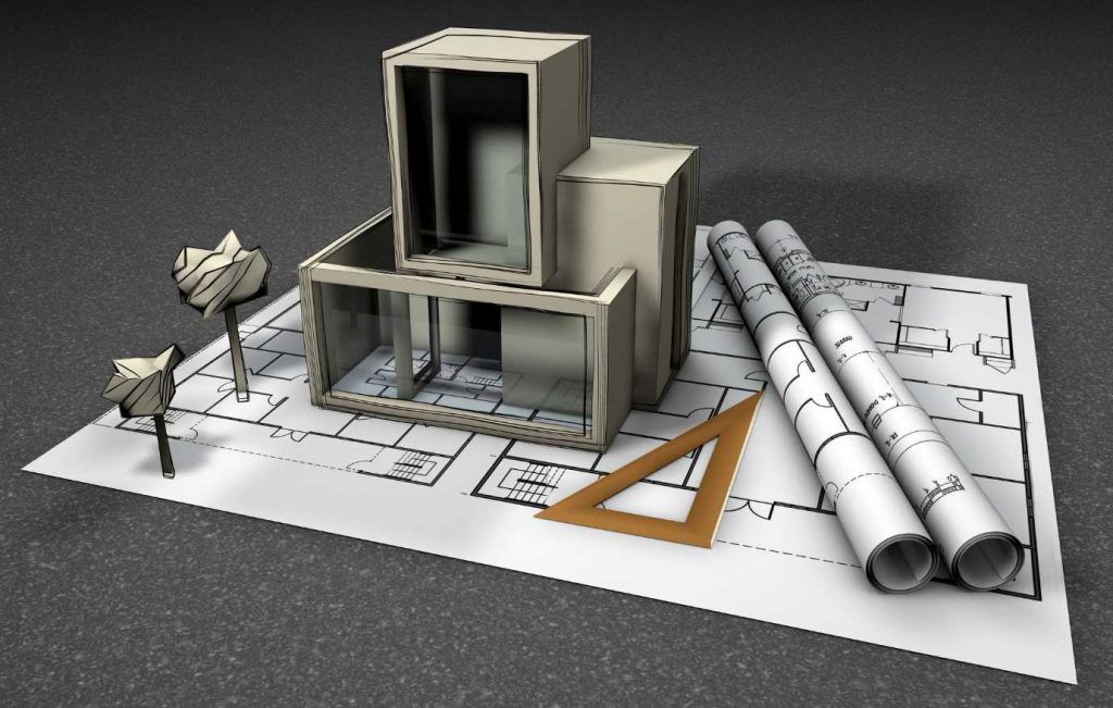 Architectural design concept with blueprints, model structure, and drafting tools on gray surface.