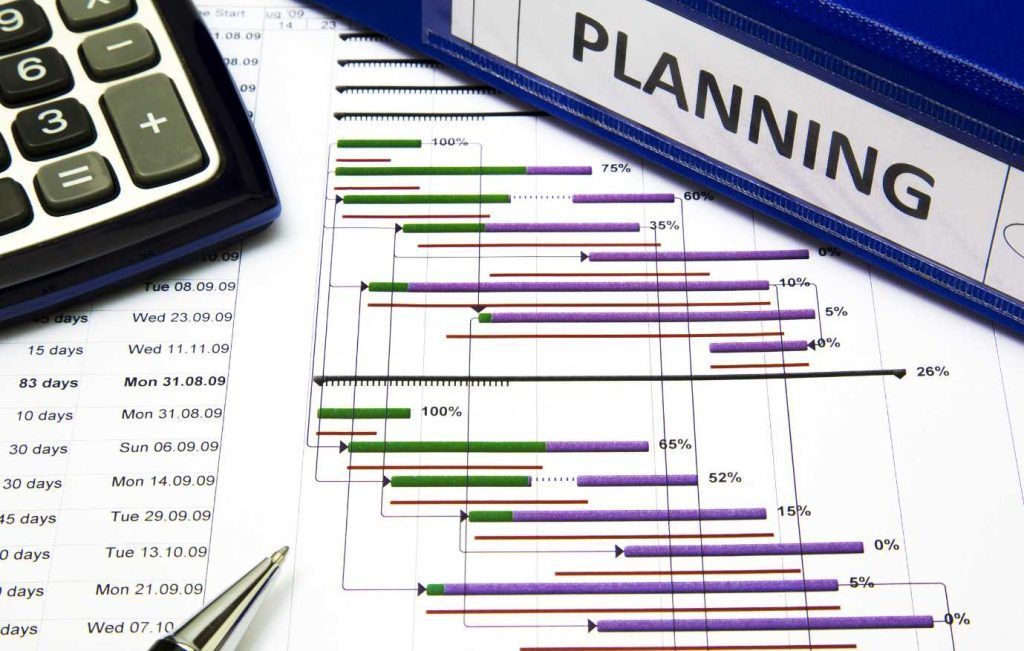 A project planning chart with a calculator and binder labeled 