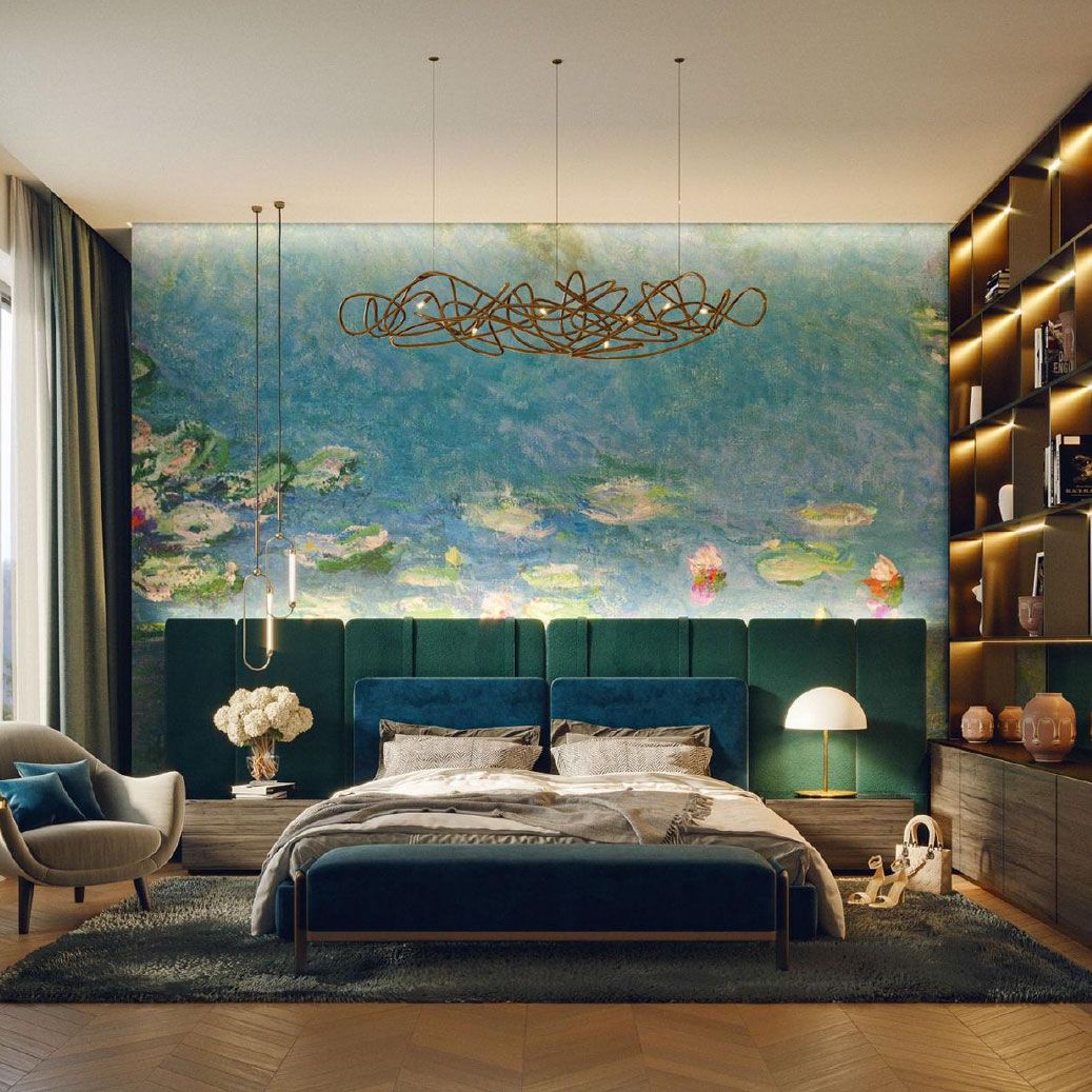Luxurious bedroom with a Monet water lily mural, teal accents, and a cozy reading nook.
