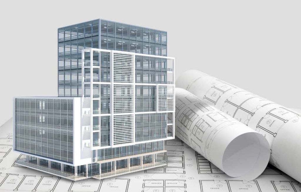Architectural rendering of buildings on blueprints.