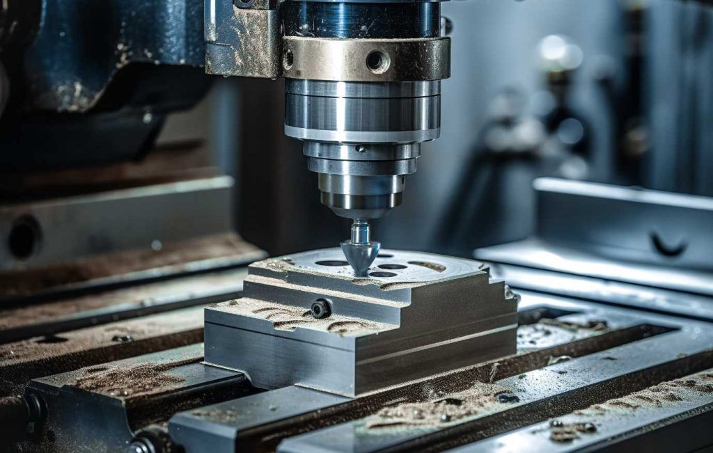 CNC machine milling metal block, removing material.