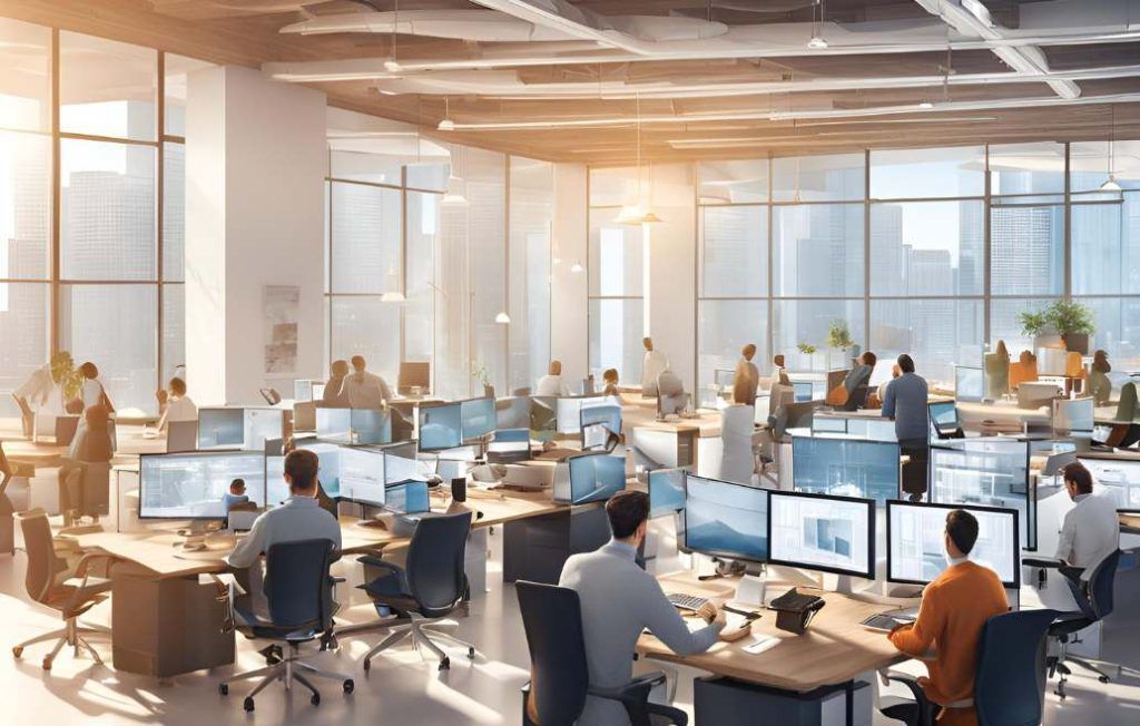 Bright, modern office with many people working at computers near large windows. Sunlight streams in.