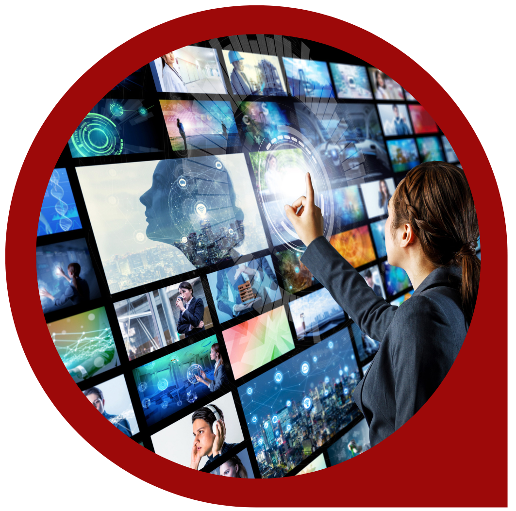 Woman pointing at digital interface of screens, surrounded by a red circle.