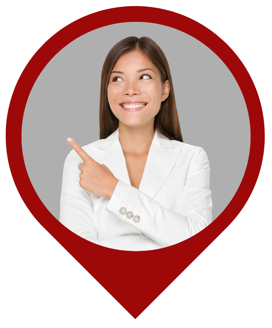 Woman in white blazer, pointing right, inside a red location marker.