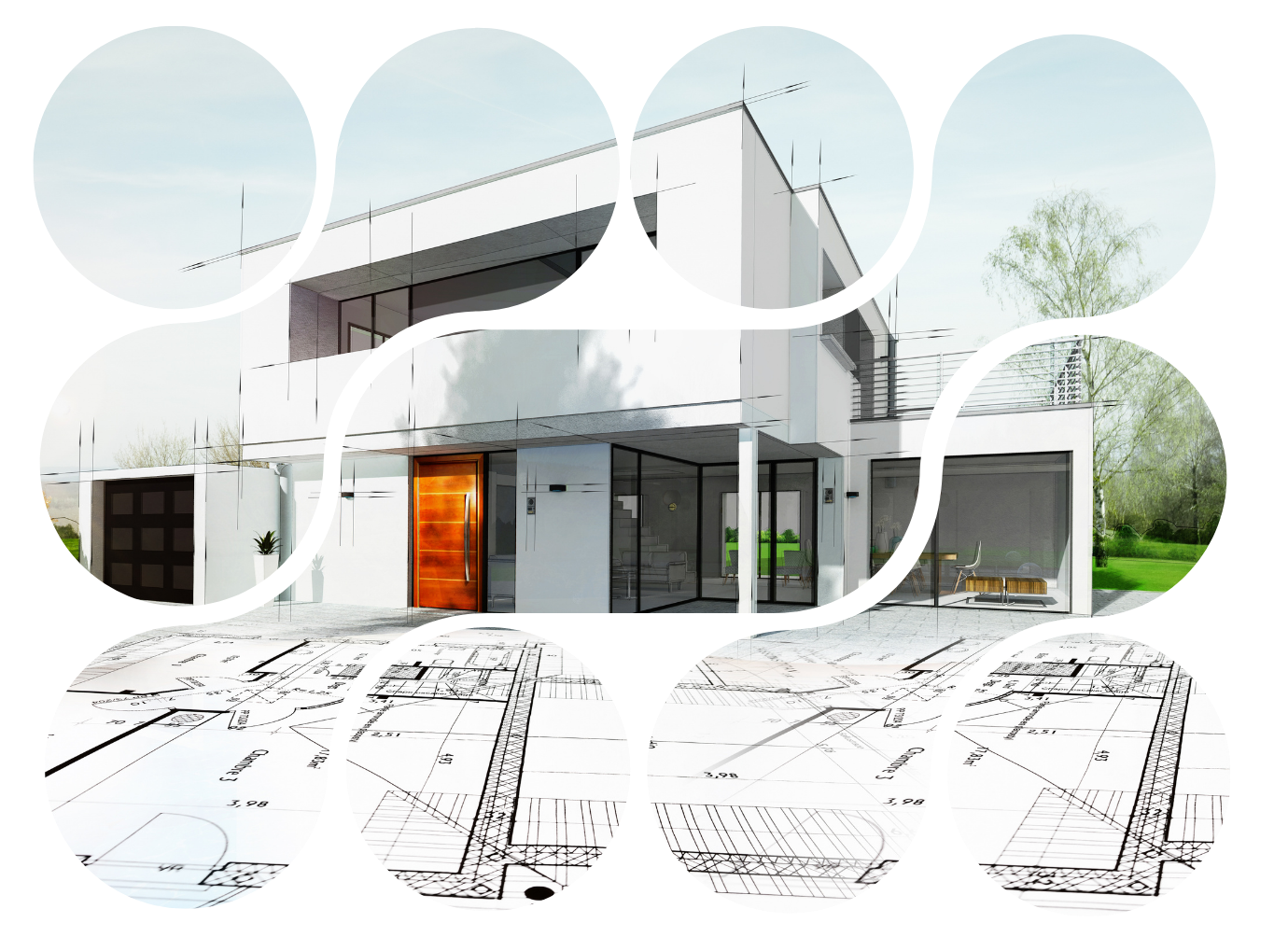 Modern white house with blueprint illustrations, sky background.