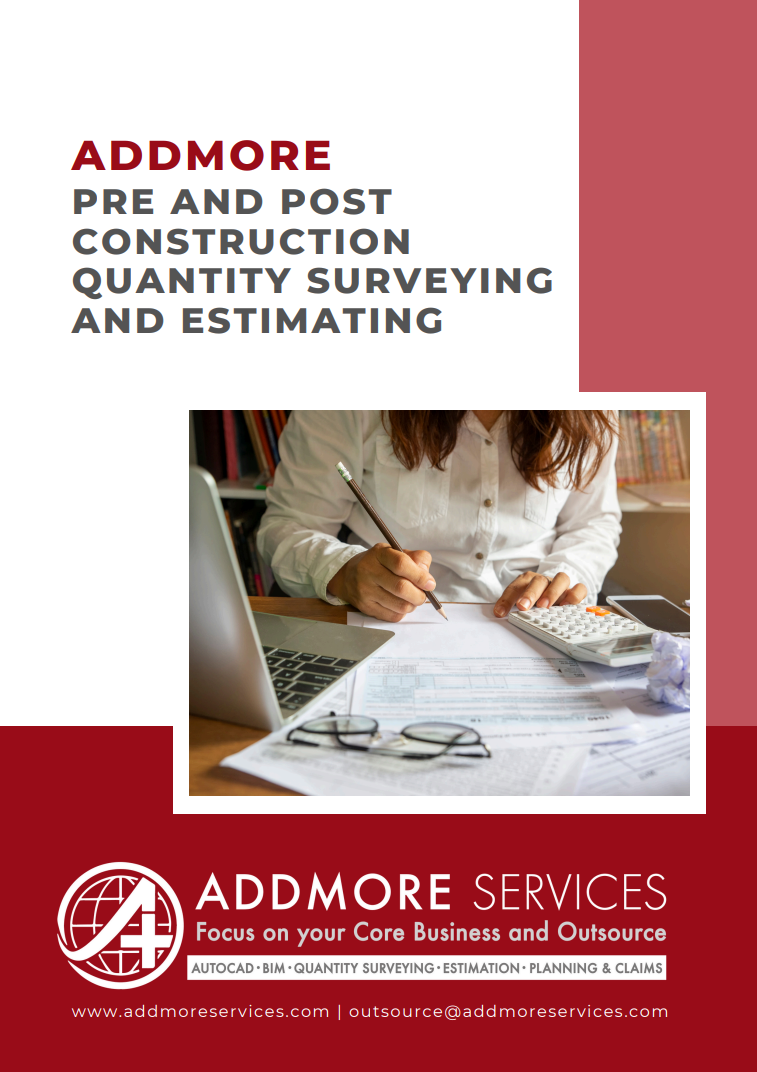Cover of an Addmore Services brochure. Text: Pre and post construction quantity surveying and estimating. Photo of person calculating costs.