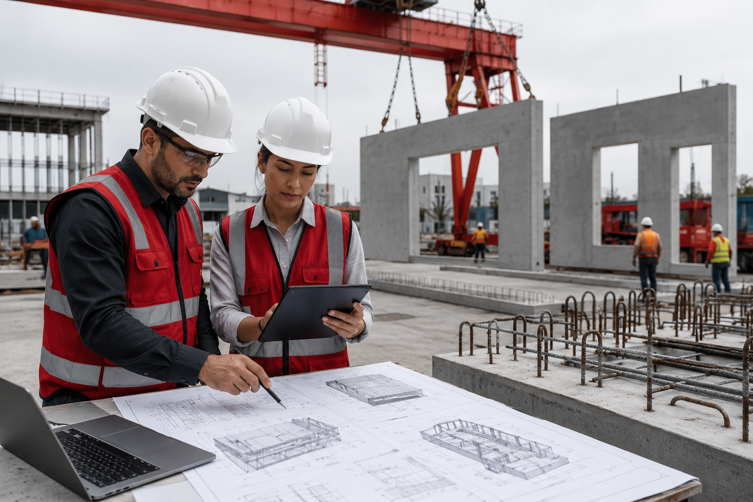 Structural engineer reviewing precast concrete shop drawings and BIM models for off-site constructio
