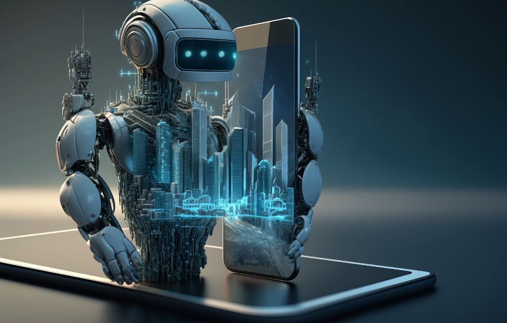 Robot holding a smartphone with a holographic city display.